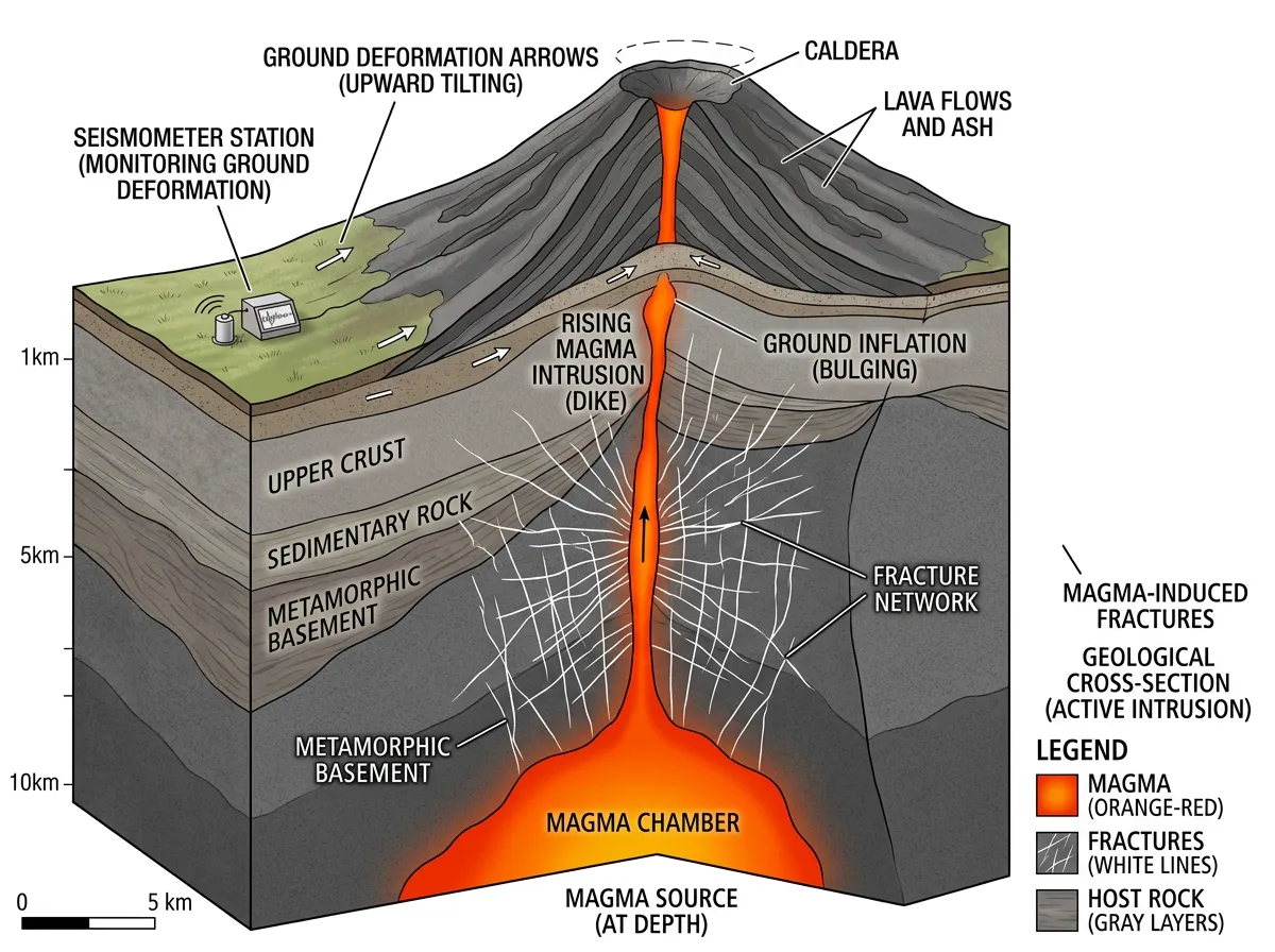 Cross-section diagram showing magma intrusion fracturing rock beneath a volcano summit