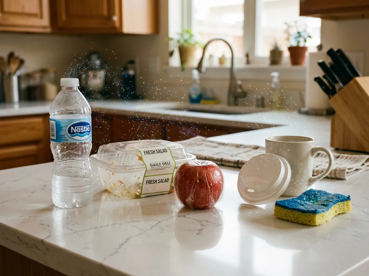 Everyday plastic items like water bottles and food containers arranged on a kitchen counter