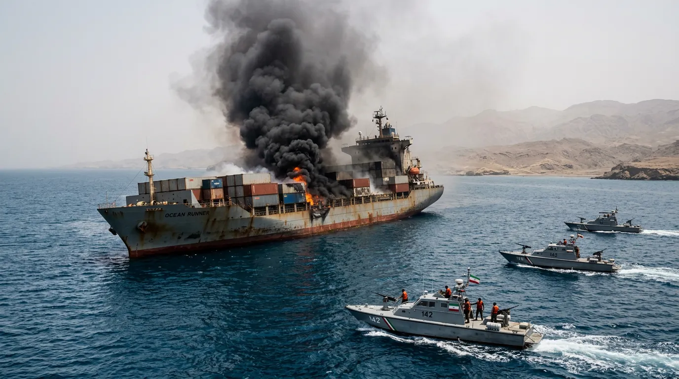Cargo ship with smoke billowing from it in the Strait of Hormuz waterway