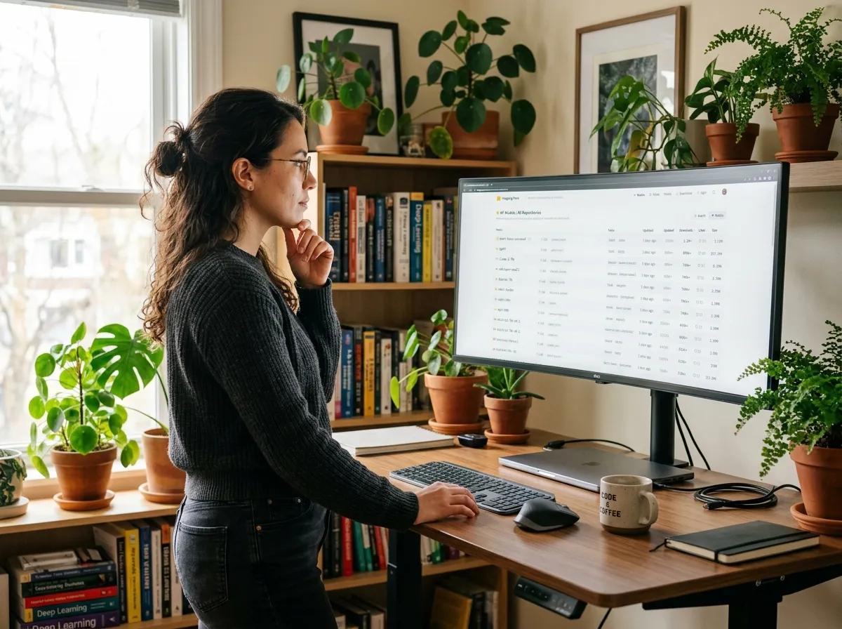 A developer looking at an open-source AI model community dashboard with concerned expression