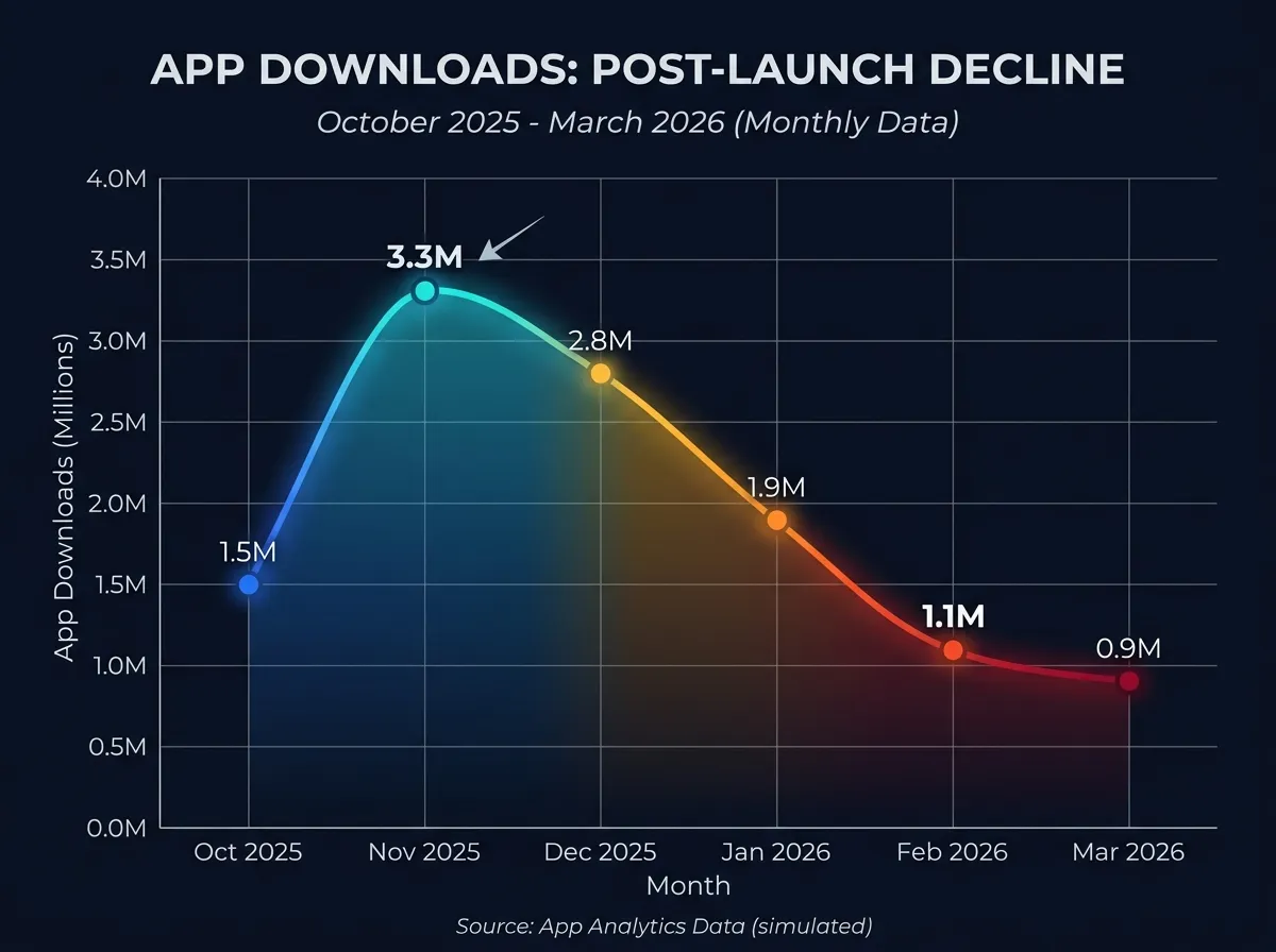 A declining chart showing Sora app downloads falling from 3.3 million to 1.1 million