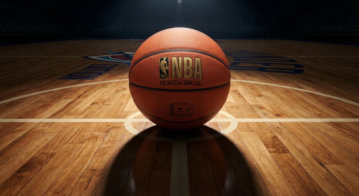 NBA basketball sitting on a hardwood court with team logos visible in the background