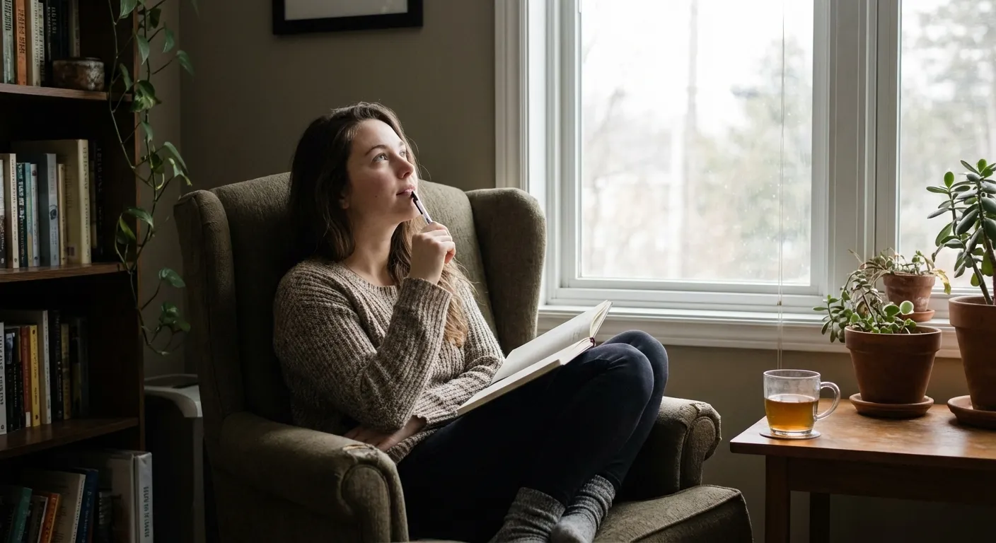 Person journaling or reflecting in a peaceful setting, working through uncertainty