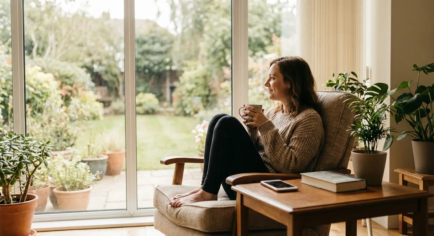 Person sitting peacefully by a window looking outside with phone face-down on table