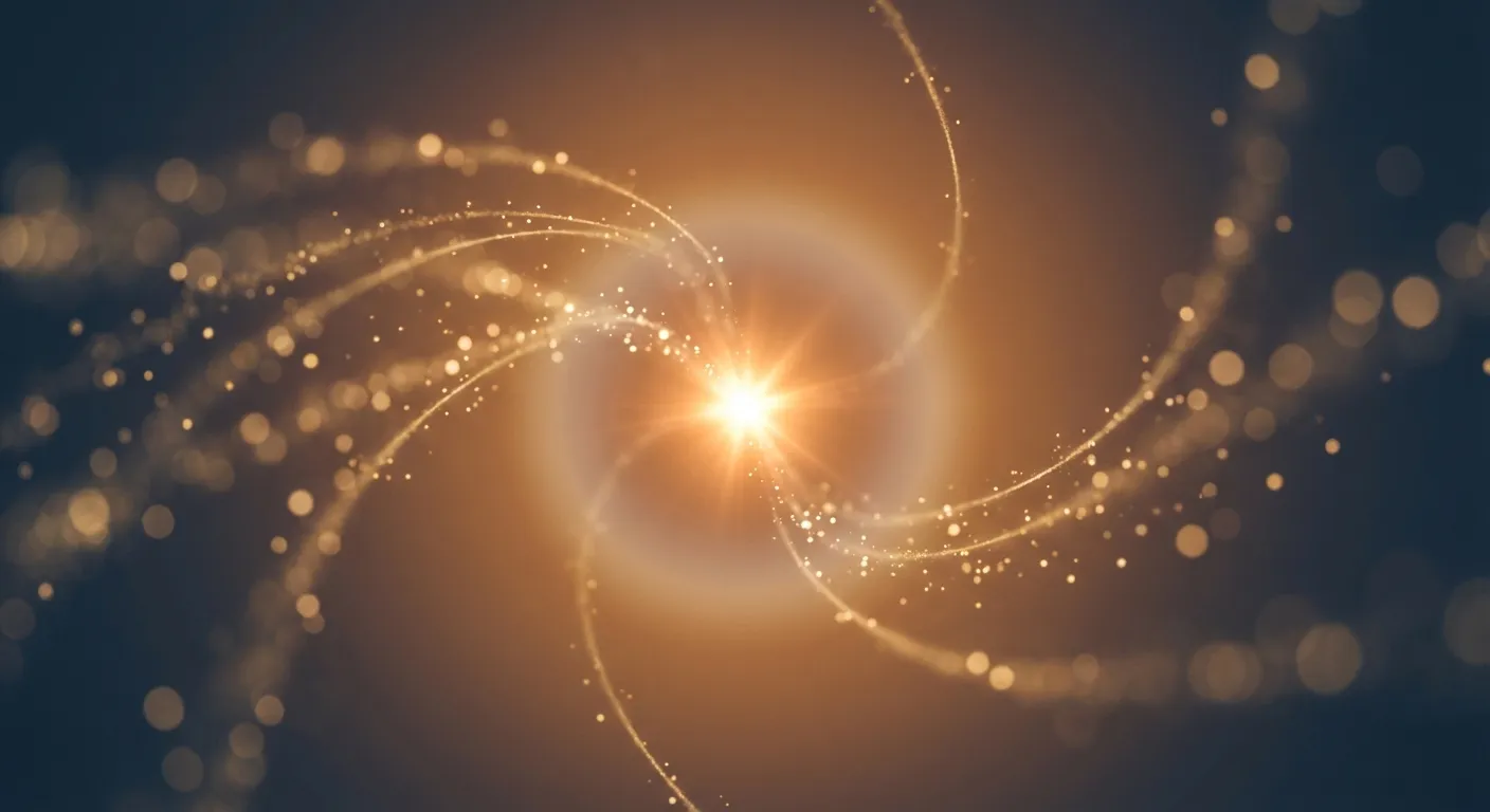 Abstract visualization of scattered light particles converging into a bright idea