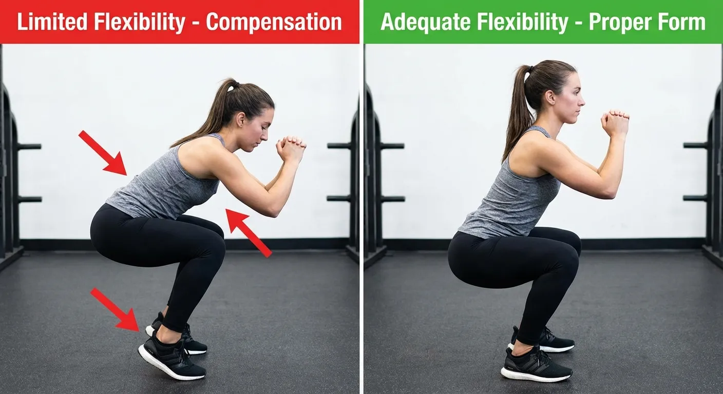 Comparison showing compensatory movement patterns from tight hips versus proper form with adequate flexibility