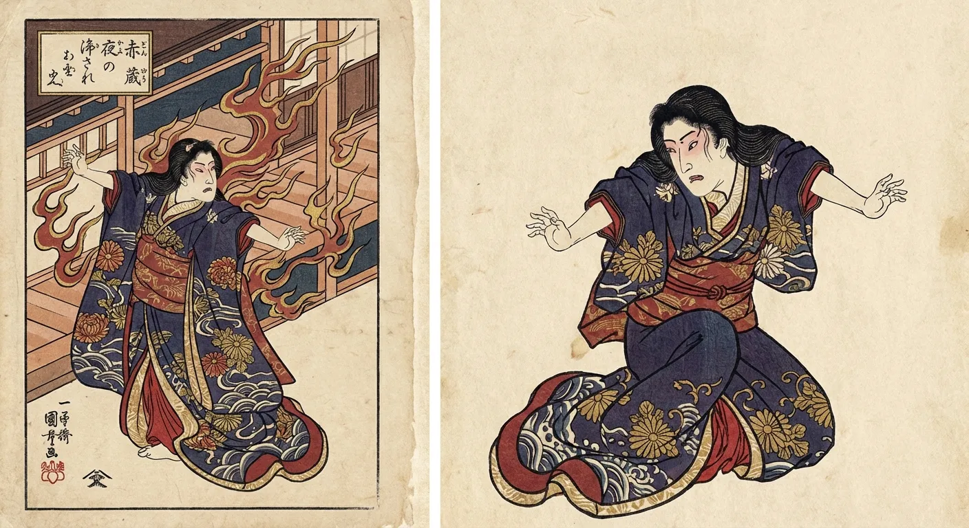 Traditional woodblock print depicting Yaoya Oshichi the legendary Fire Horse figure