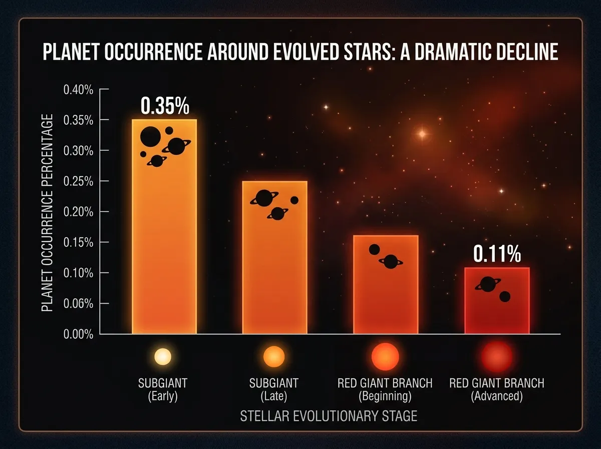 Comparison chart showing planet occurrence rates declining around progressively older evolved stars