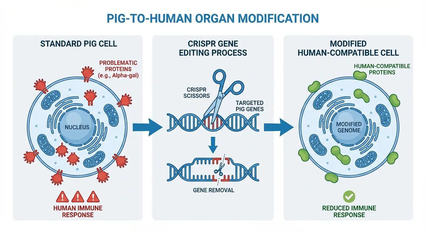 Diagram showing gene editing modifications made to pig organs for human transplant