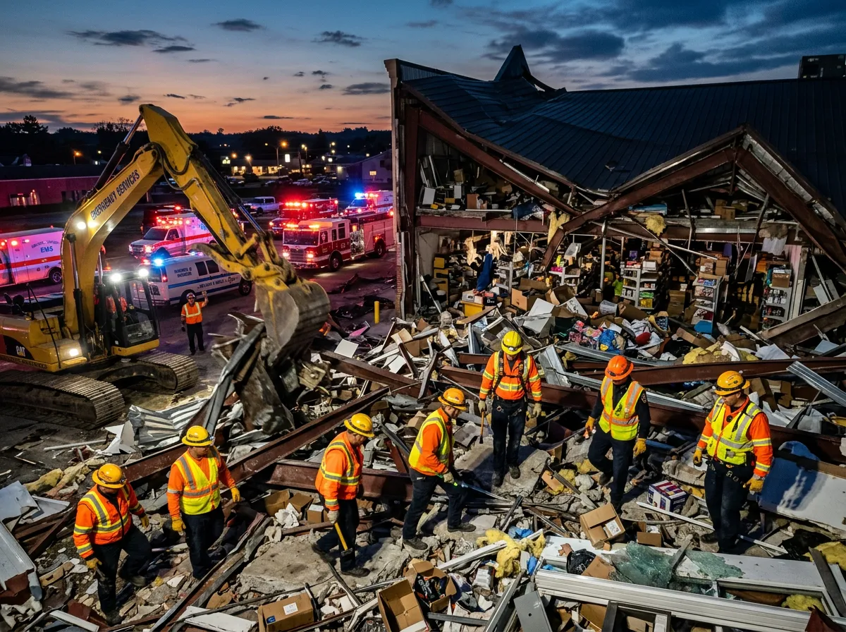 Emergency responders searching through rubble of collapsed buildings in Three Rivers Michigan