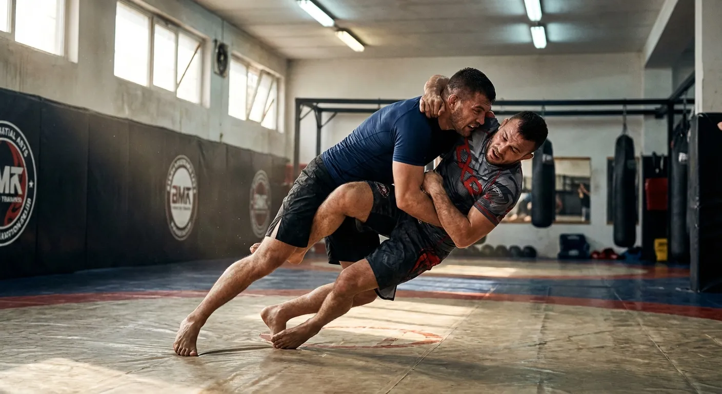 MMA fighter training grappling techniques with a partner in a gym