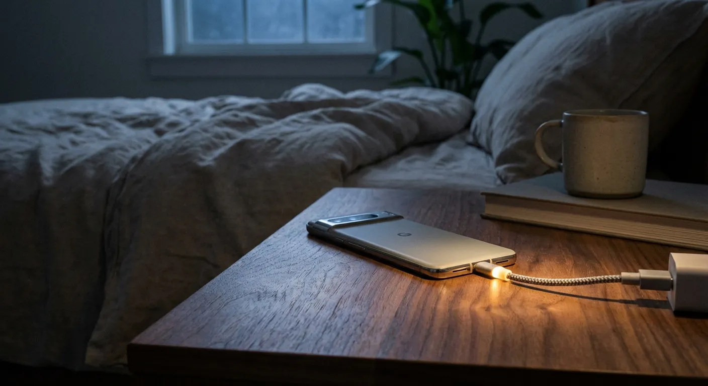 Smartphone charging on nightstand in dark bedroom with soft ambient lighting