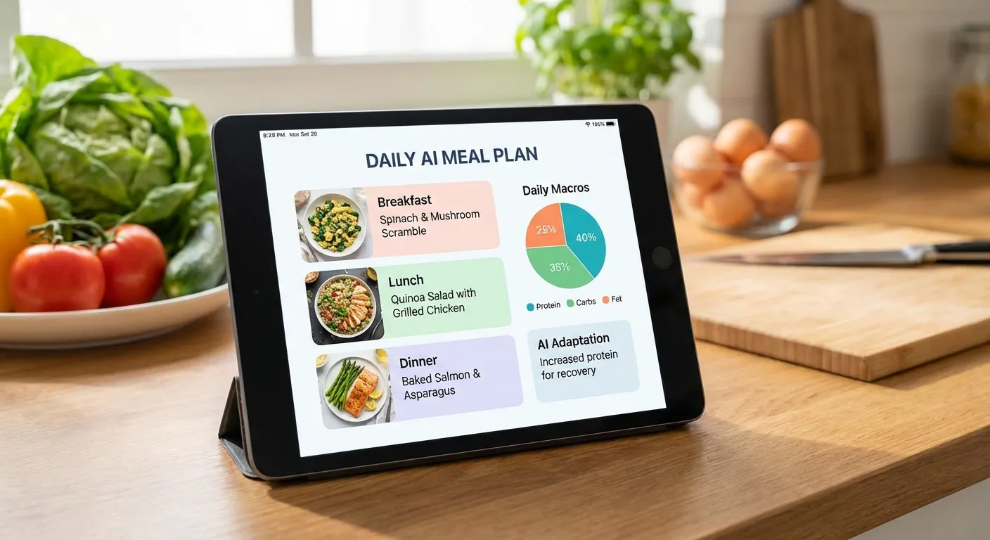 AI nutrition app on tablet showing personalized meal recommendations with macro breakdowns