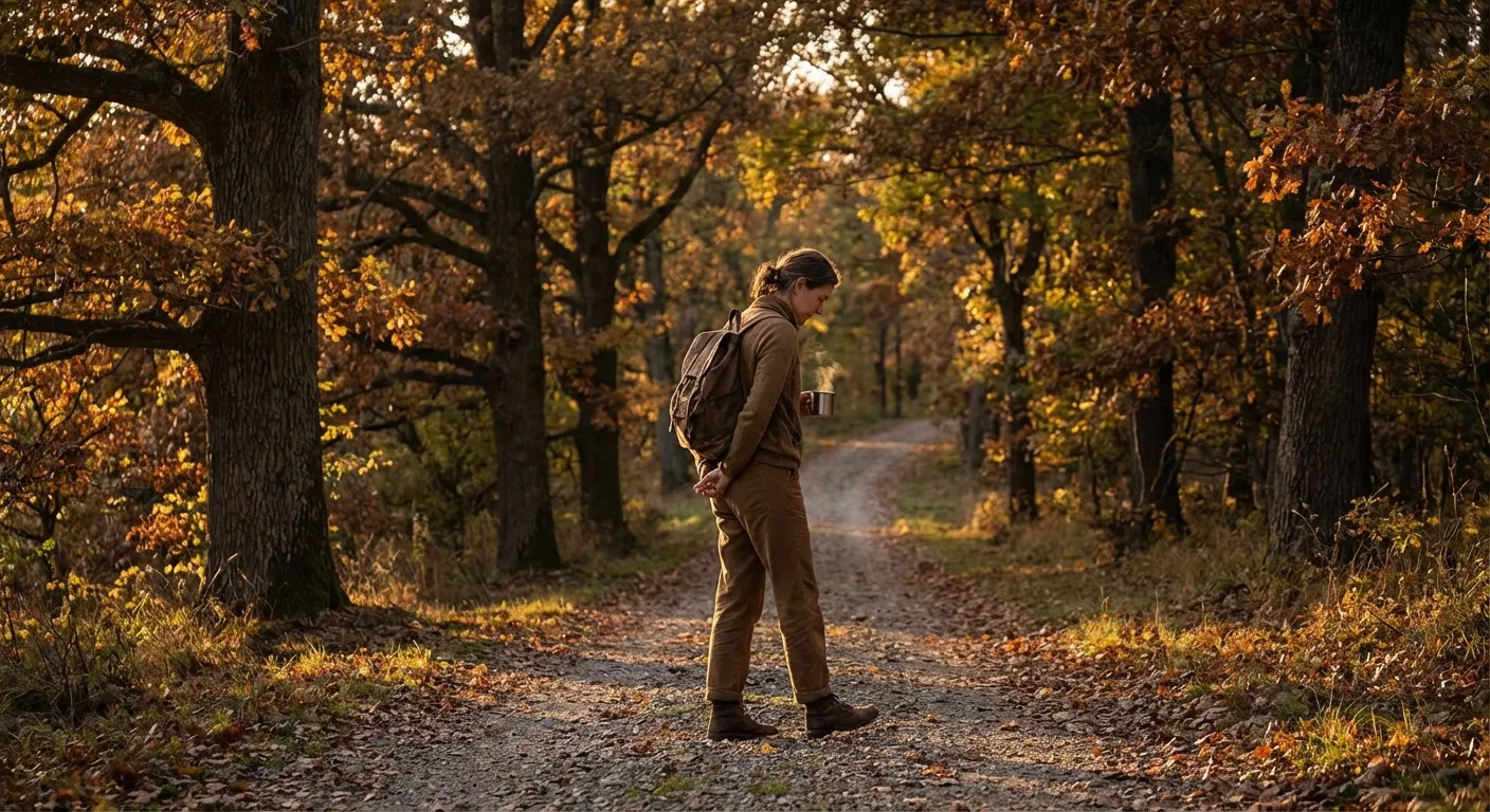 Person enjoying a peaceful walk on a tree-lined path during golden hour