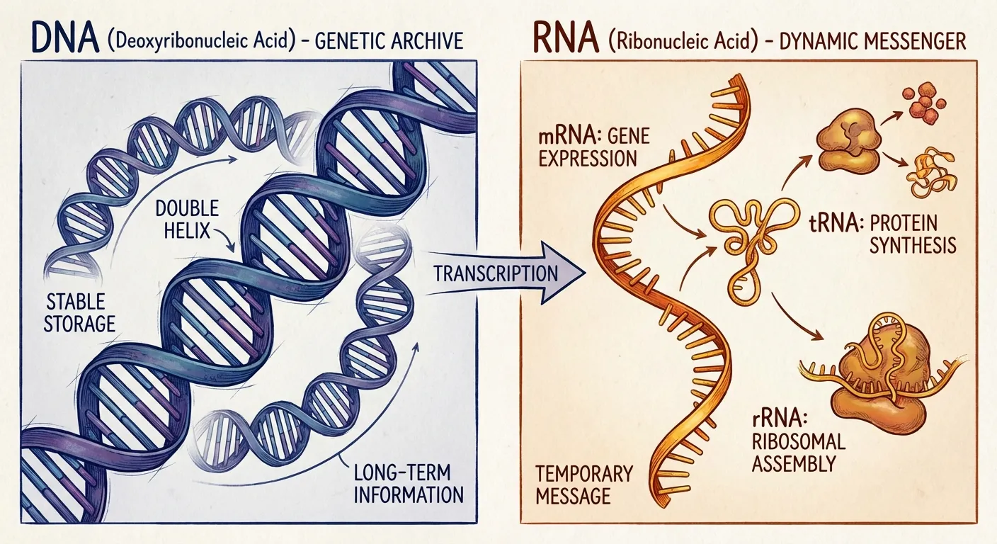 Scientific diagram comparing DNA and RNA structure with molecular details