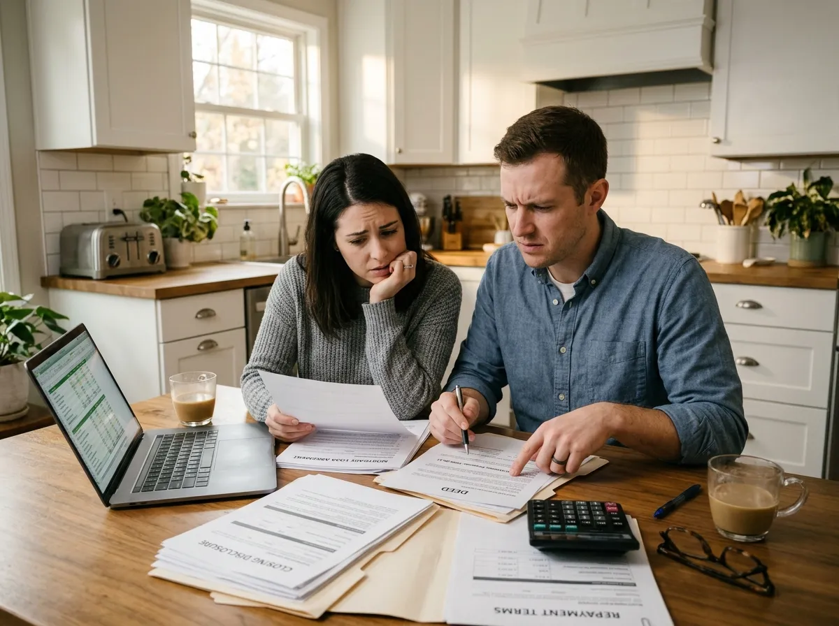 A couple reviewing mortgage documents at a kitchen table looking concerned