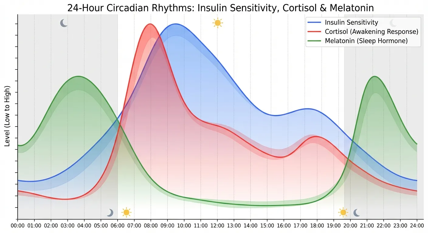 Graph showing circadian variation in insulin sensitivity, metabolic rate, and digestive efficiency across 24 hours