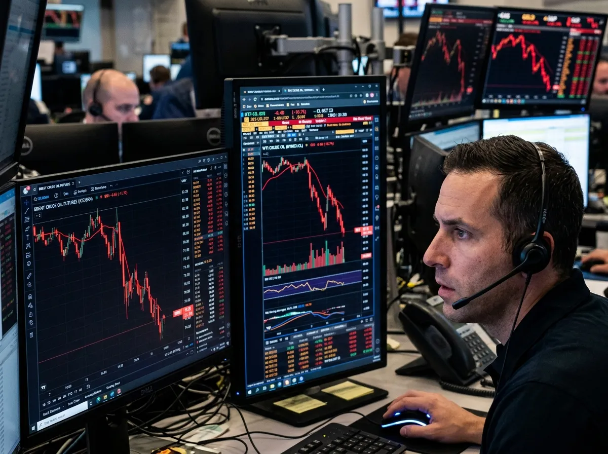 Financial trading screens showing oil price charts with sharp downward movement
