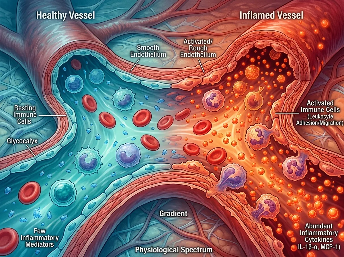 Microscopic view of immune cells and inflammatory molecules in blood vessels with warm and cool contrast