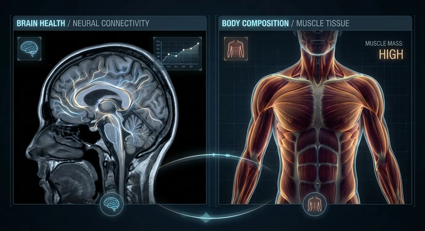 Split visualization showing MRI brain scan alongside muscular athletic body composition