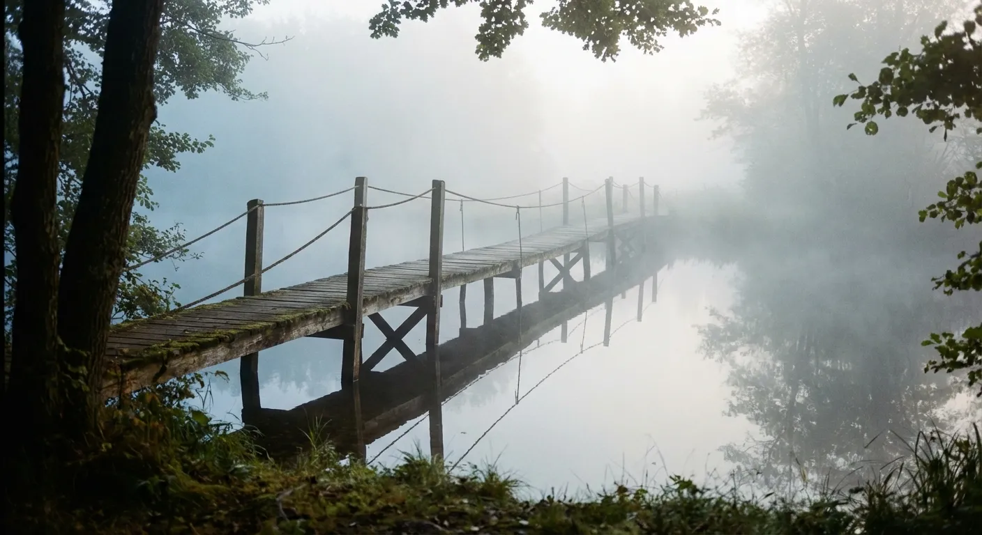 Bridge over calm water in morning mist representing the connection between two people through presence