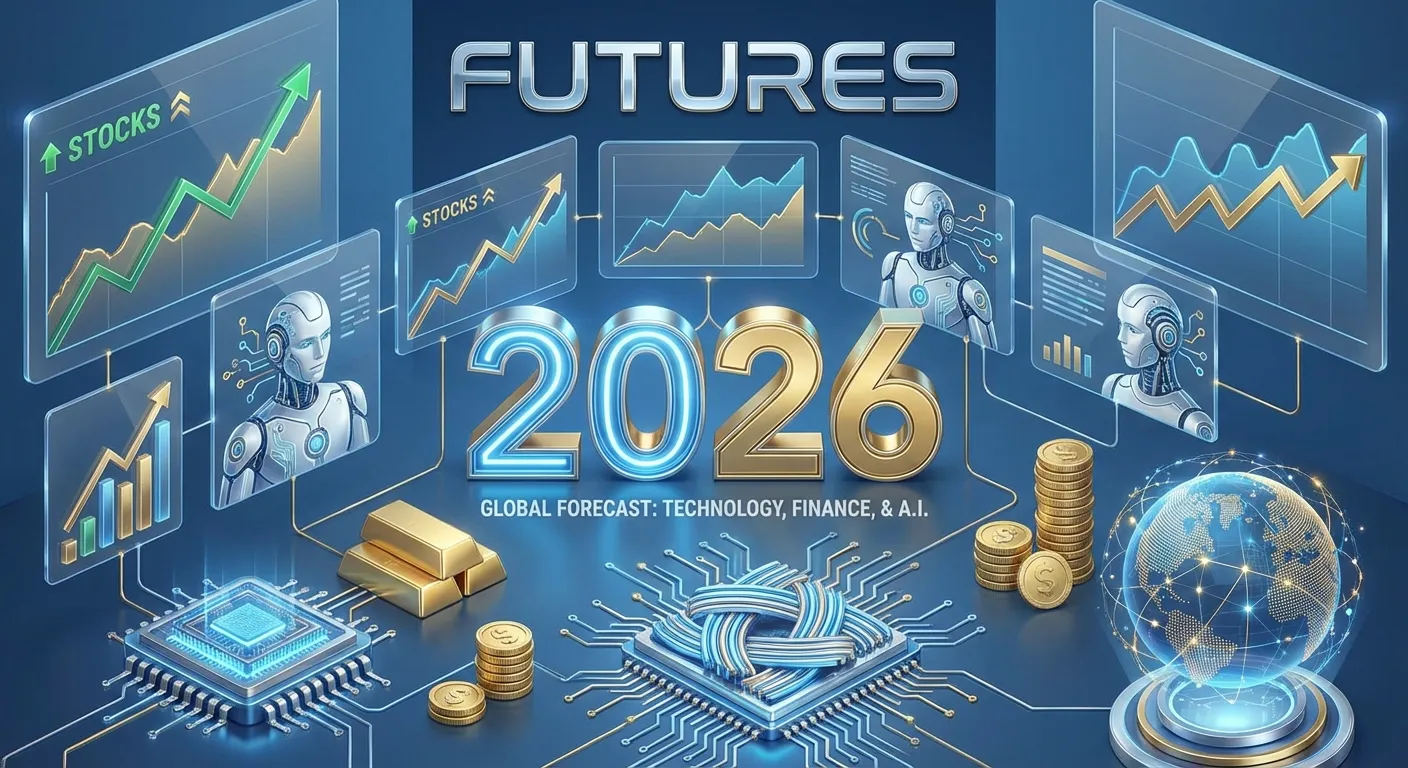 Futuristic 2026 visualization with data charts AI robots and financial indicators