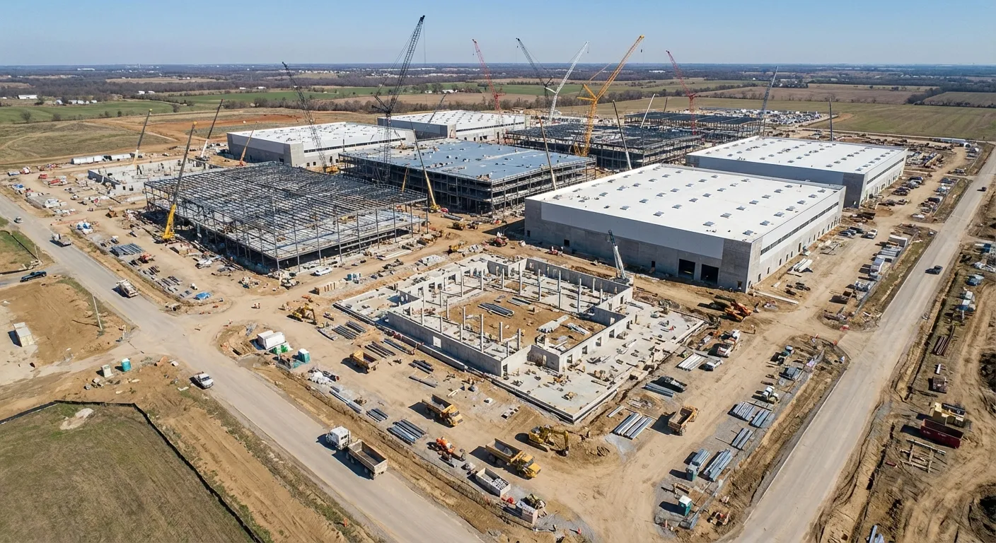 Massive data center construction site with cranes and partially completed buildings