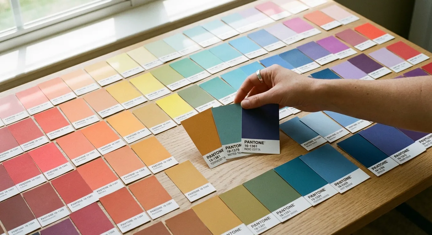 Colorful paint swatches spread across a table representing the spectrum of emotional vocabulary