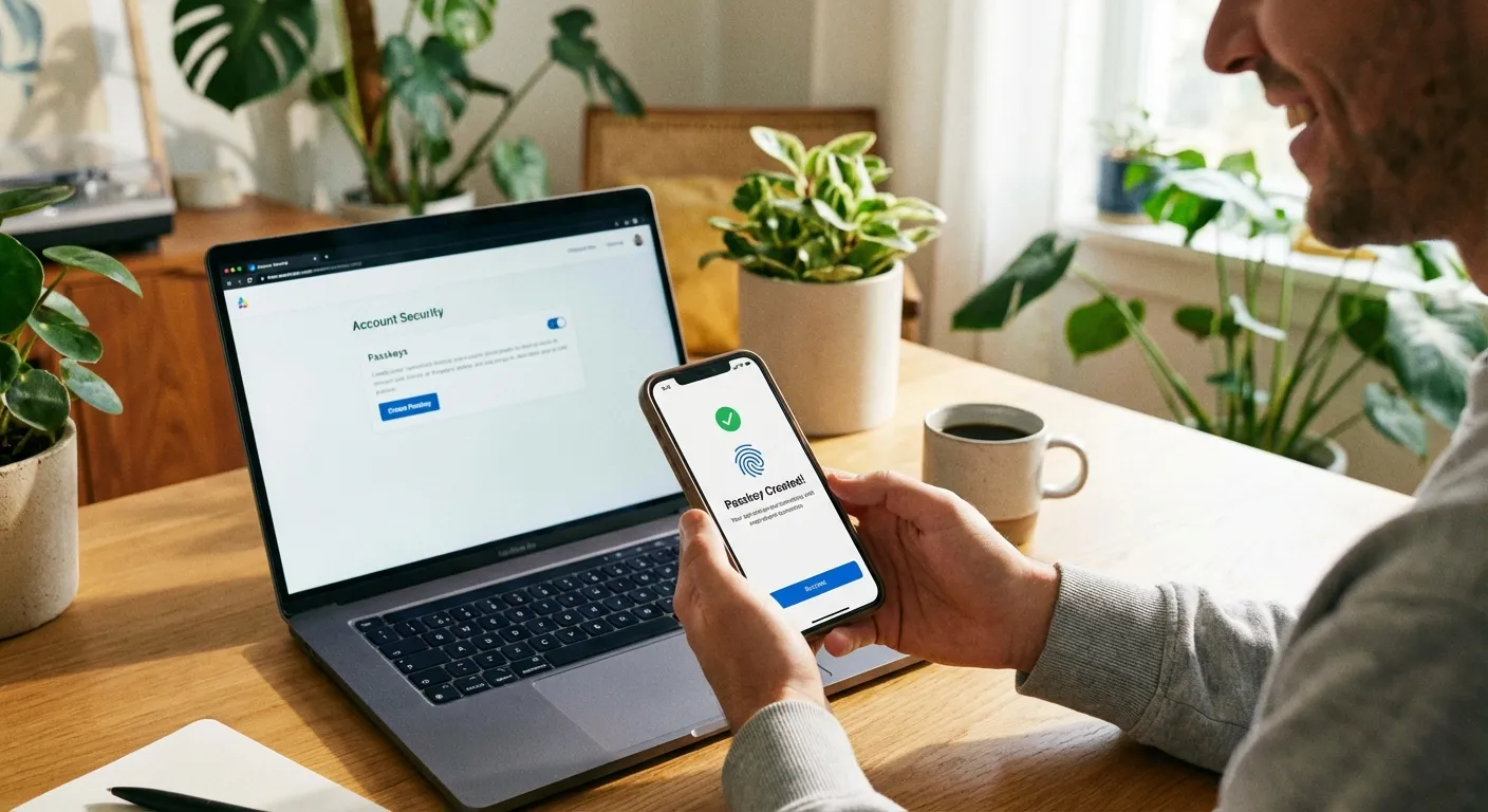 Person setting up passkey on smartphone with laptop nearby