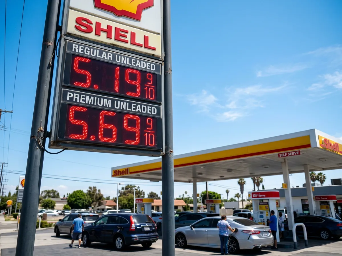 Gas station price sign showing fuel prices above five dollars per gallon
