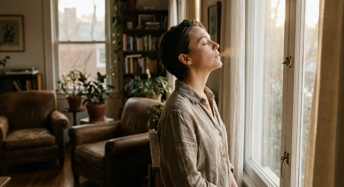 Person standing by a window taking a slow deliberate breath with eyes softly closed
