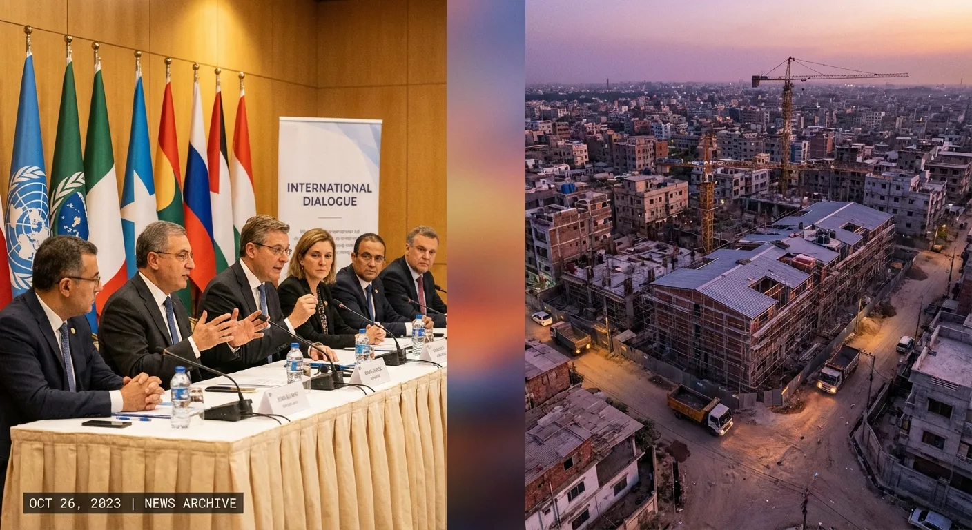 Split image showing diplomatic meeting on left and Gaza landscape on right