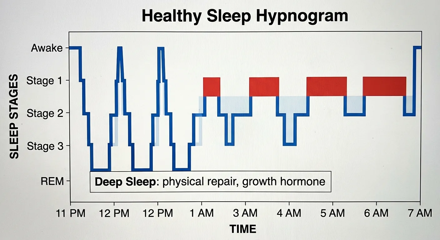 Sleep architecture diagram showing cycles of light sleep, deep sleep, and REM across a typical night