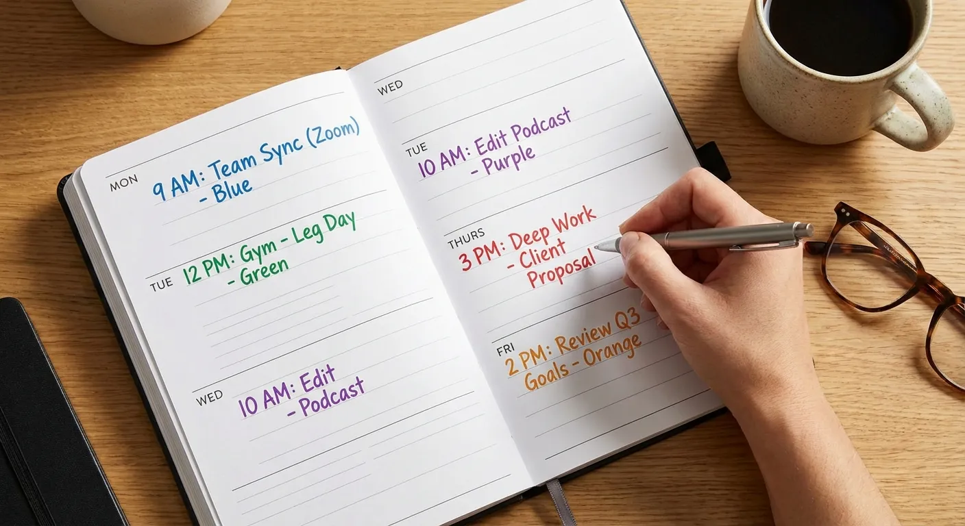 Person planning their week with specific time blocks for goals