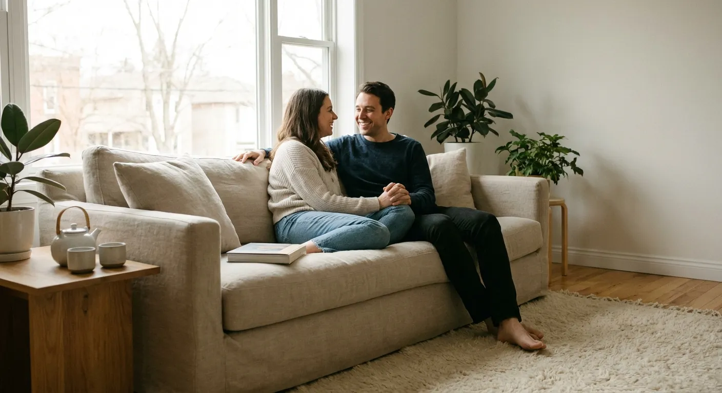 Couple relaxing together in clutter-free living room, enjoying connection rather than managing possessions