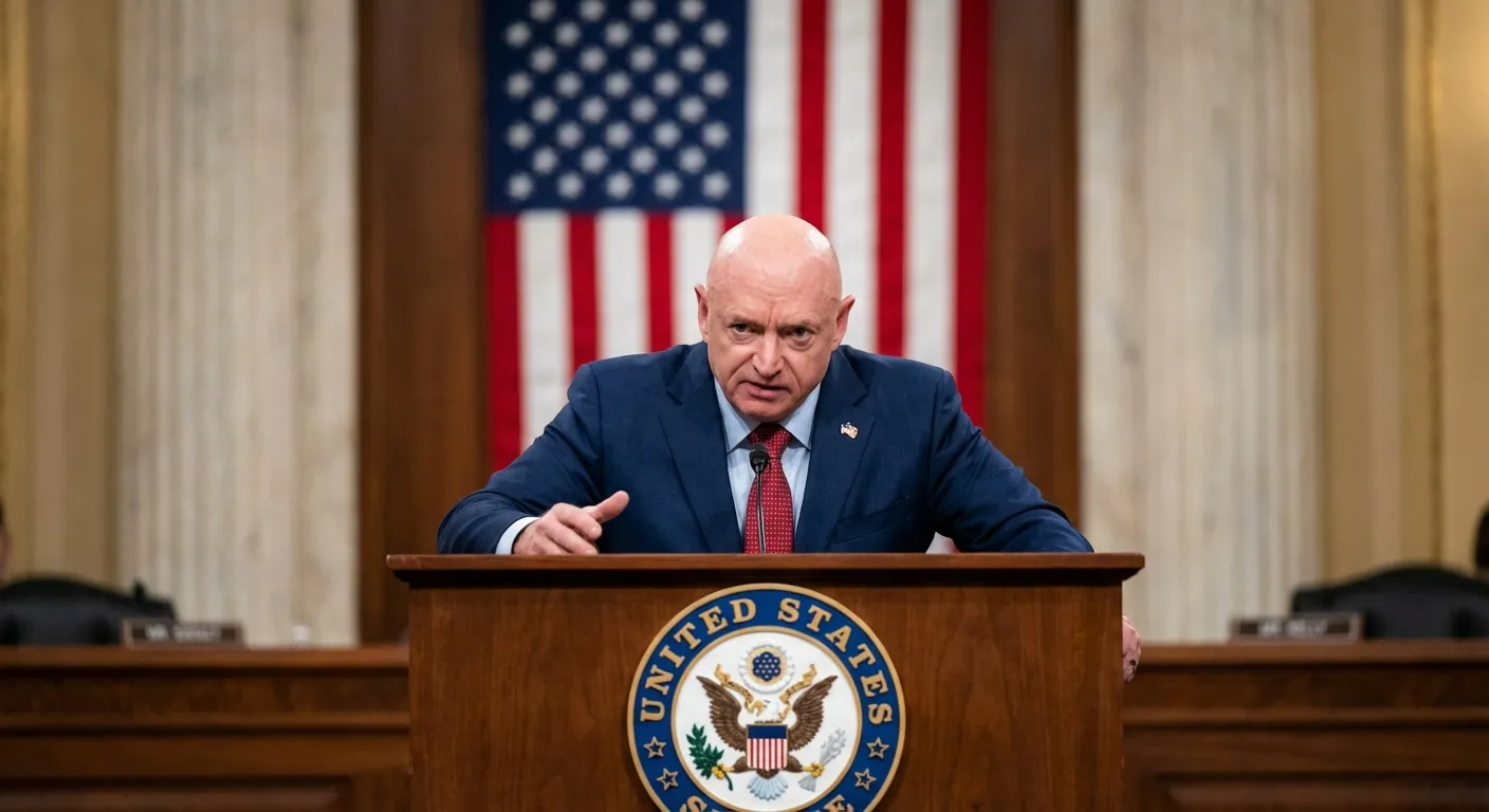 Senator Mark Kelly speaking at podium with American flag background