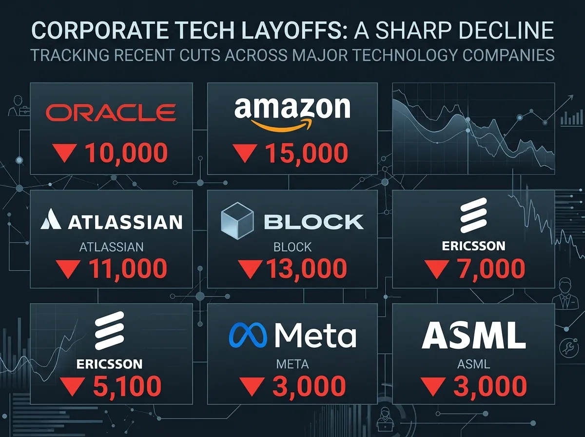 Wall of corporate logos from tech companies that announced layoffs in early 2026