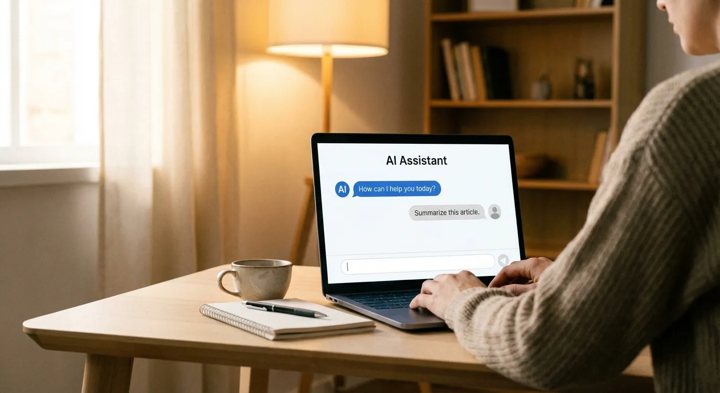 Person using an AI chatbot on a laptop screen in a modern workspace