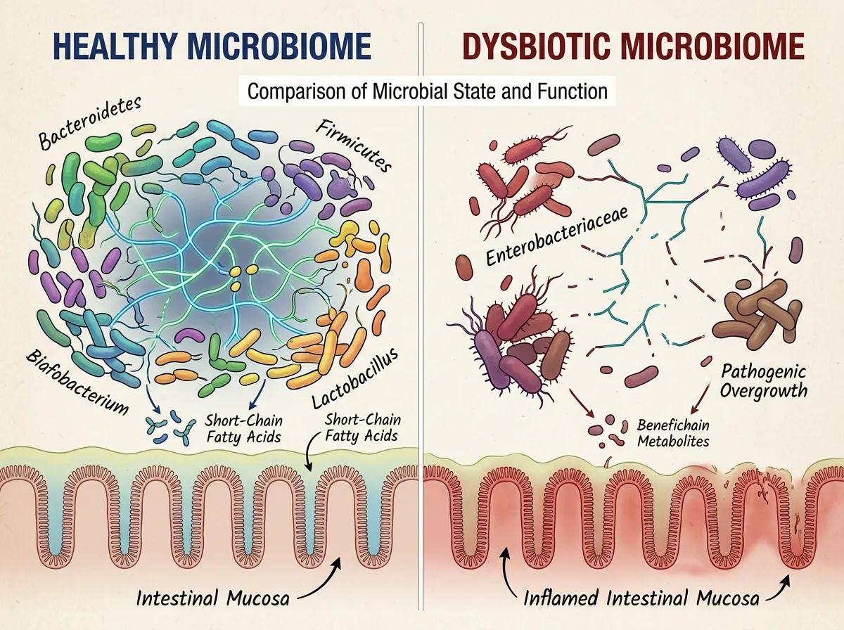 Split comparison of healthy diverse gut microbiome versus depleted chemical-damaged microbiome