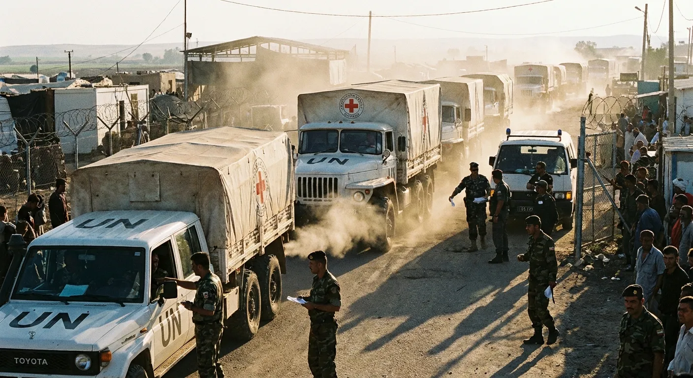 Humanitarian aid trucks lined up at border crossing into Gaza
