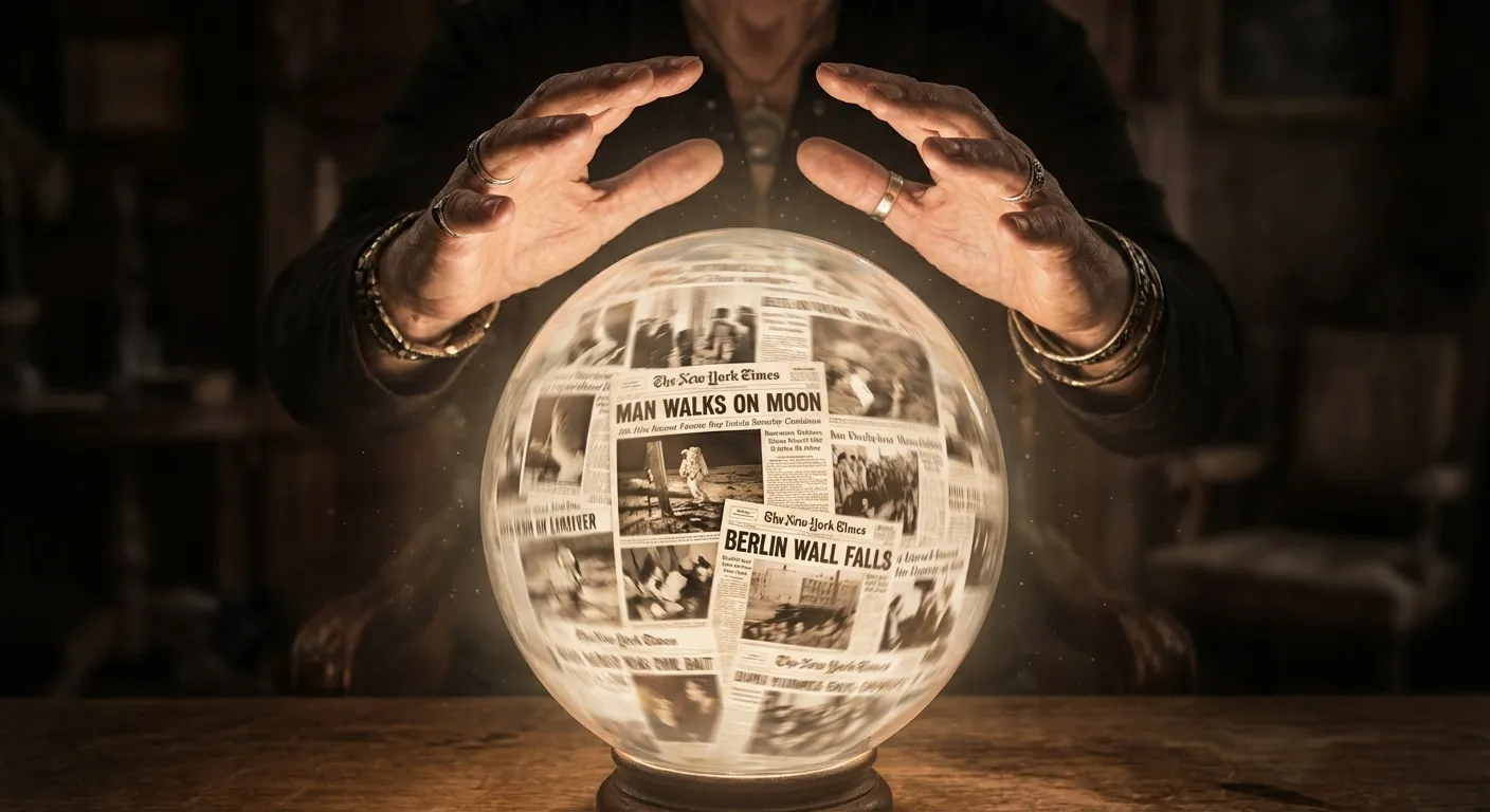 Person looking at a crystal ball showing past events as if they were predictions