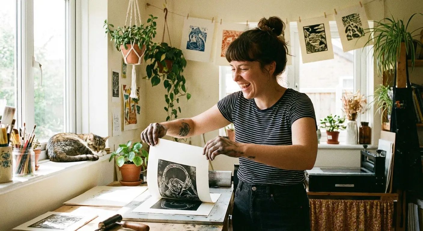 Person happily working on a creative side project in a comfortable home setting