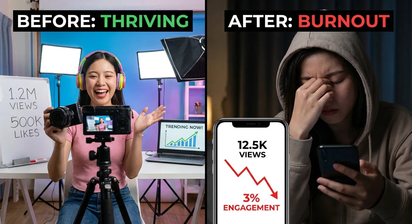 Split screen of happy creator filming versus stressed creator looking at declining metrics