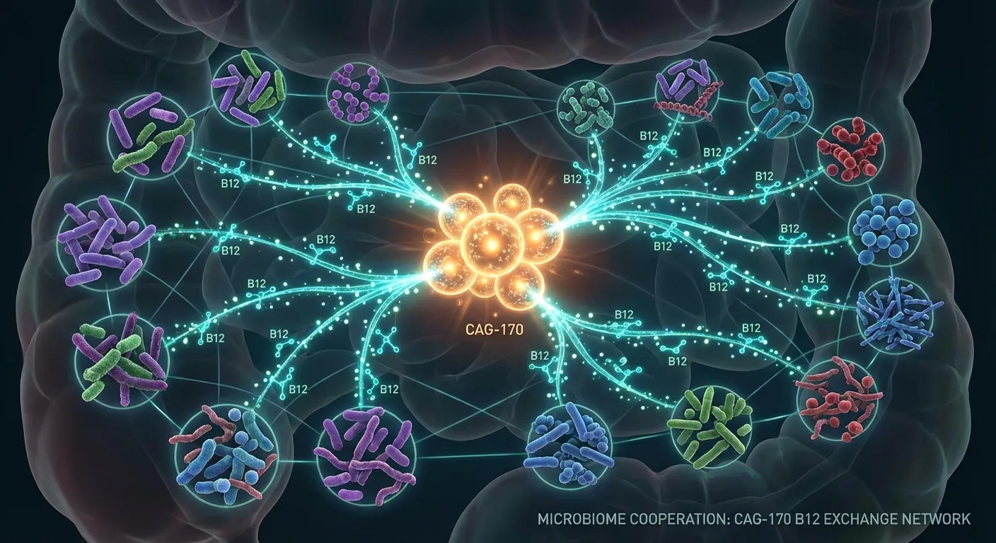 Conceptual illustration of bacterial nutrient sharing networks inside the human gut
