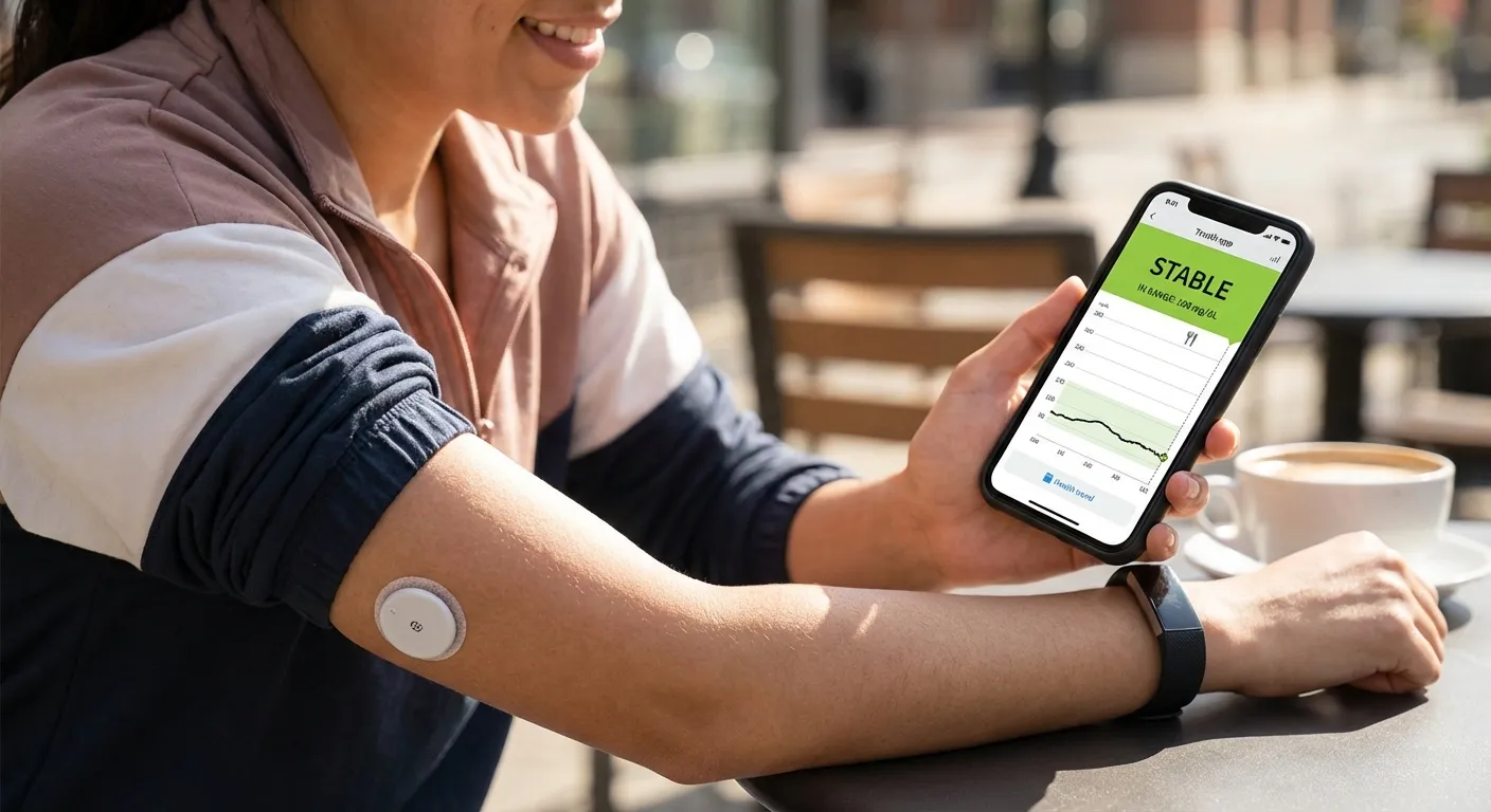Person checking continuous glucose monitor data on smartphone showing real-time blood sugar trends