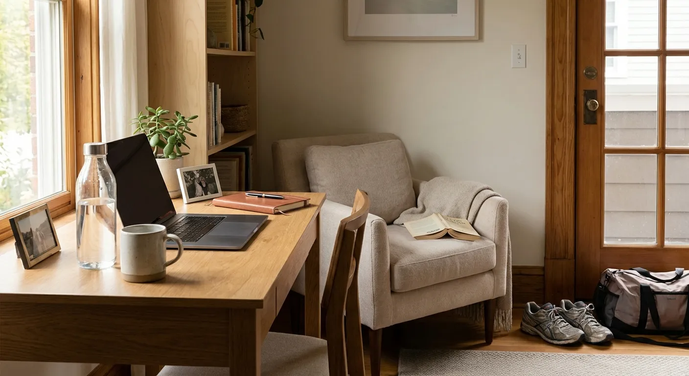 Thoughtfully arranged workspace with intentional placement of items that support good habits