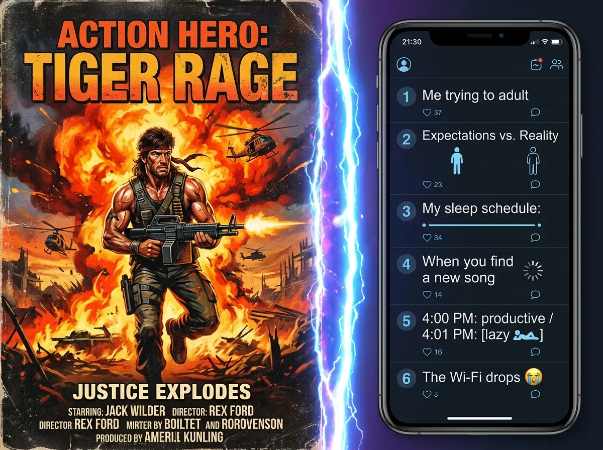 Split image showing a vintage action movie poster and a modern smartphone with memes