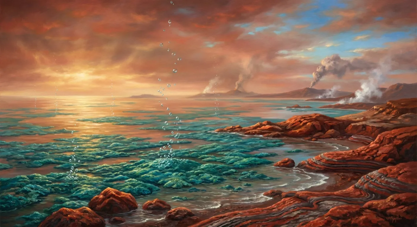 Ancient Earth landscape showing cyanobacteria mats releasing oxygen bubbles into a hazy primordial atmosphere