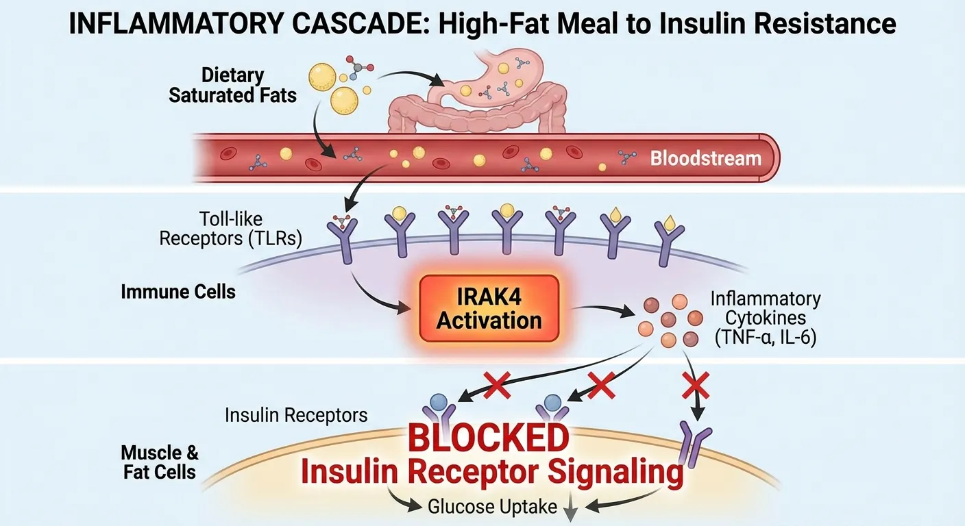 Molecular pathway diagram showing IRAK4's role in diet-induced inflammation leading to insulin resistance