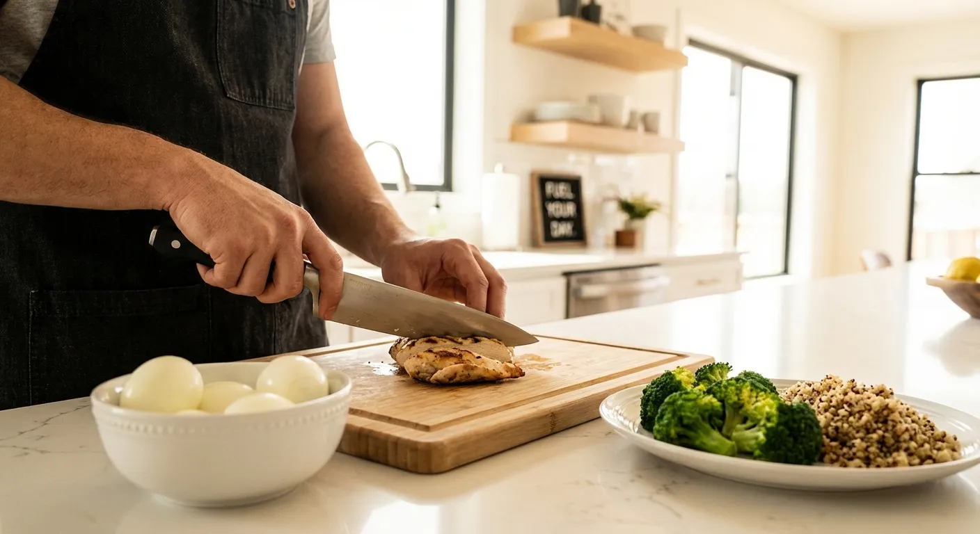 Person preparing a high-protein meal with chicken, eggs, and vegetables in a kitchen